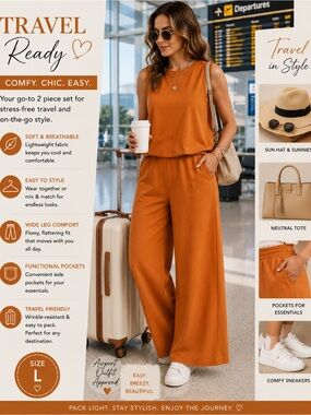 Burnt Orange Sleeveless Wide Leg Pants 2 Piece Matching Set L
